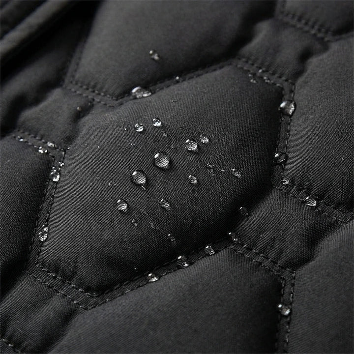 Marisabel black hooded longline down coat, front view
