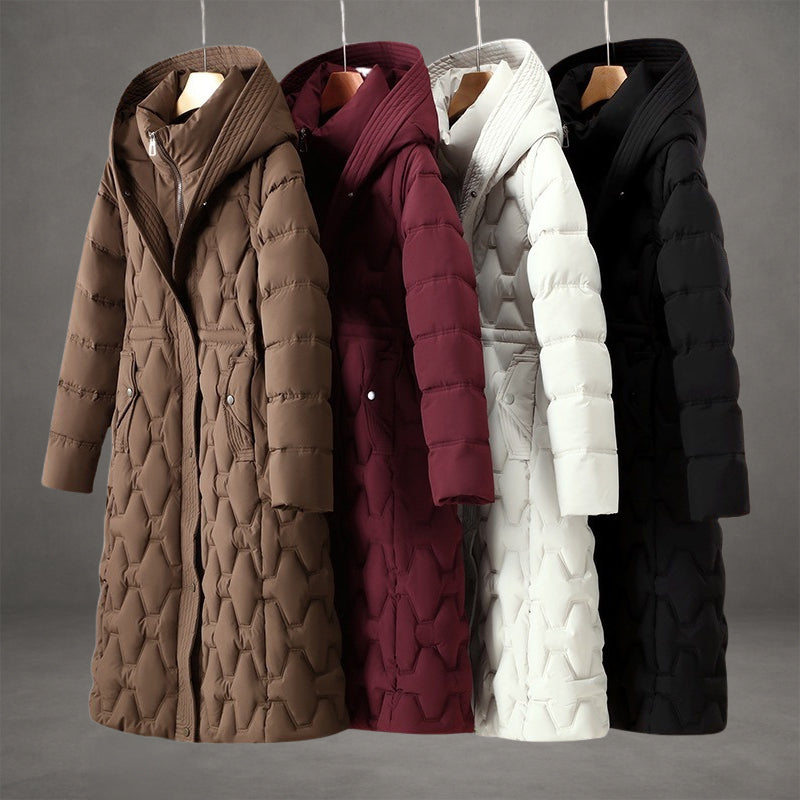 Marisabel black hooded longline down coat, front view