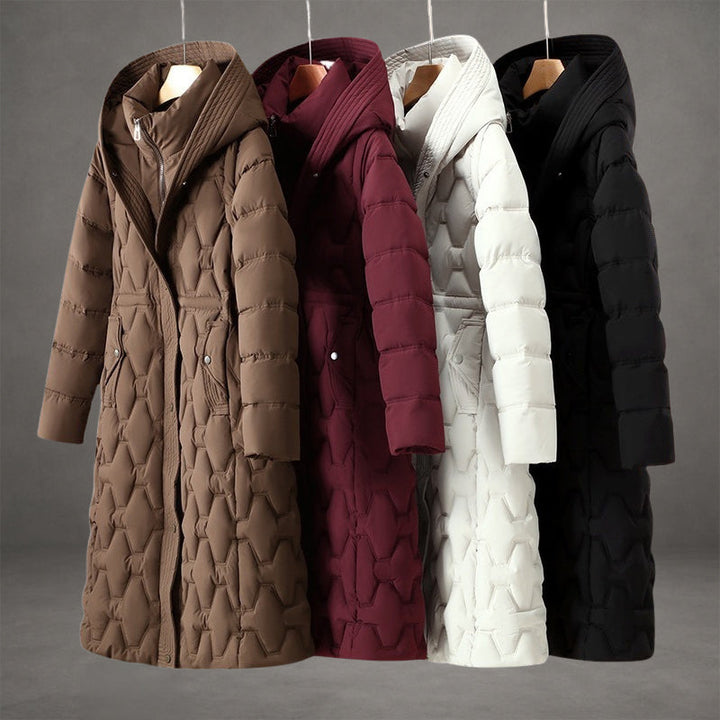 Marisabel black hooded longline down coat, front view