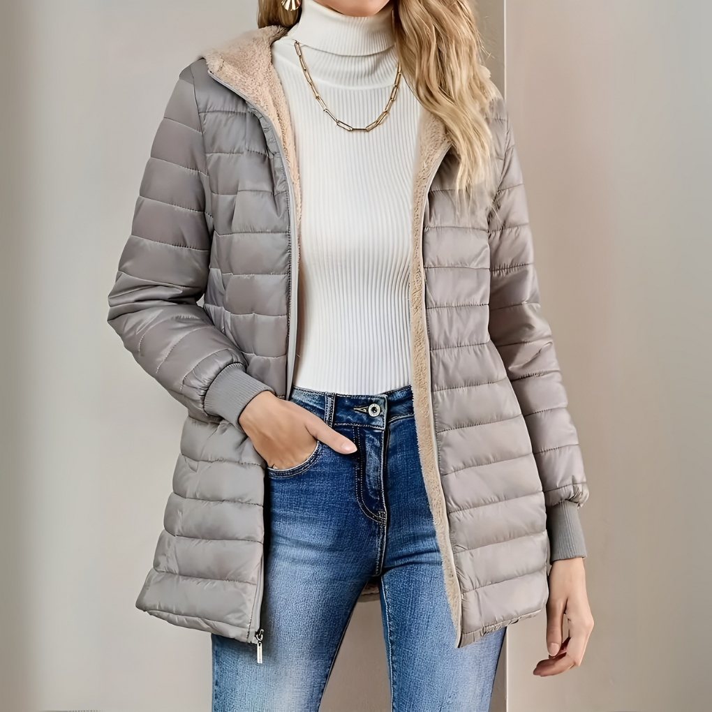 Genevieve hooded longline puffer coat in grey, front view with fleece lining visible