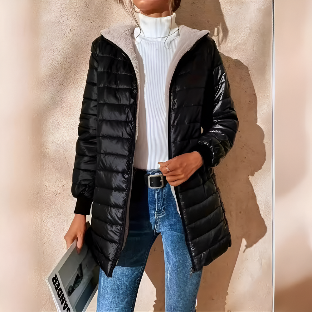 Genevieve hooded longline puffer coat in black, front view