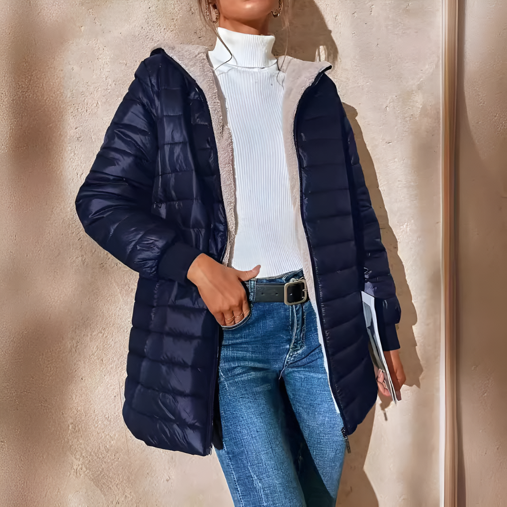 Genevieve hooded longline puffer coat in navy, side view
