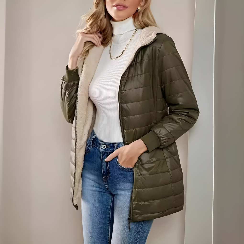 Genevieve hooded longline puffer coat in olive green, front view