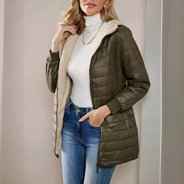 Genevieve hooded longline puffer coat in olive green, front view