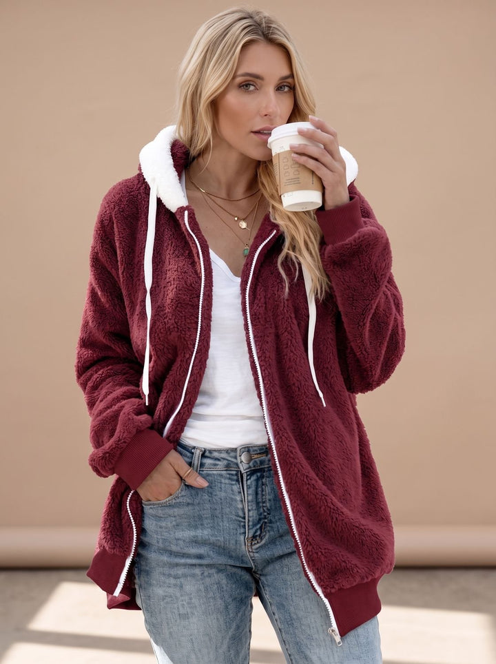 Rosamund hooded longline sherpa jacket in burgundy, front view
