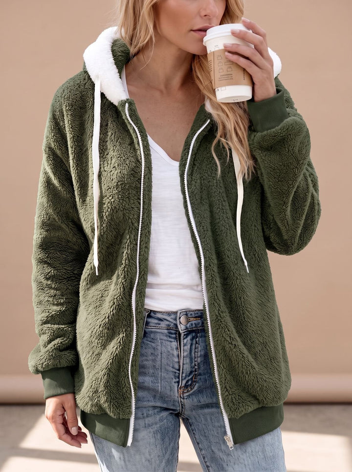 Rosamund hooded longline sherpa jacket in dark green, front view