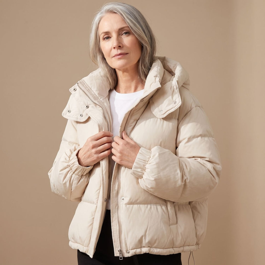 Marisabel hooded mid-length puffer jacket, front view on model