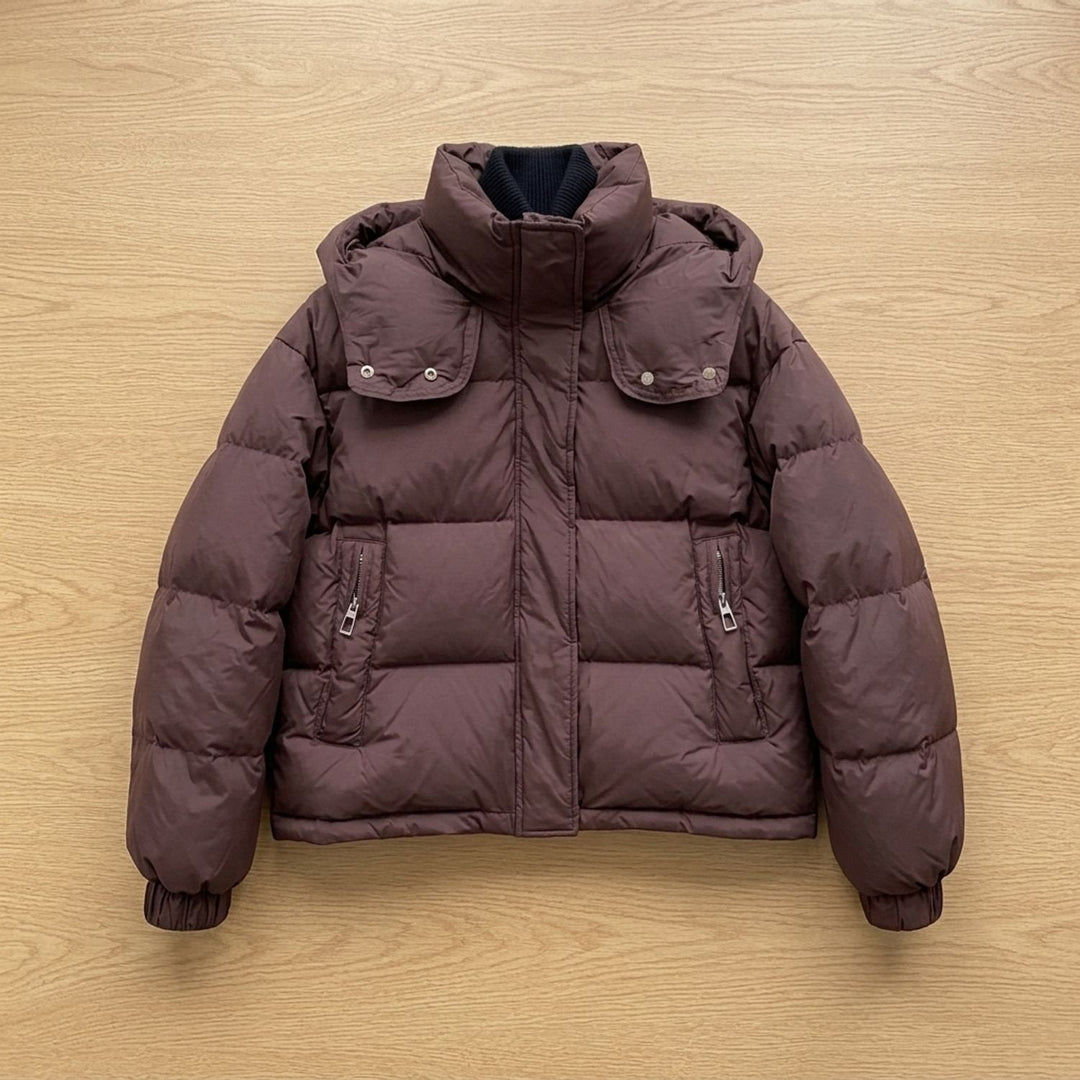 Close-up of Marisabel puffer jacket hood and collar detail