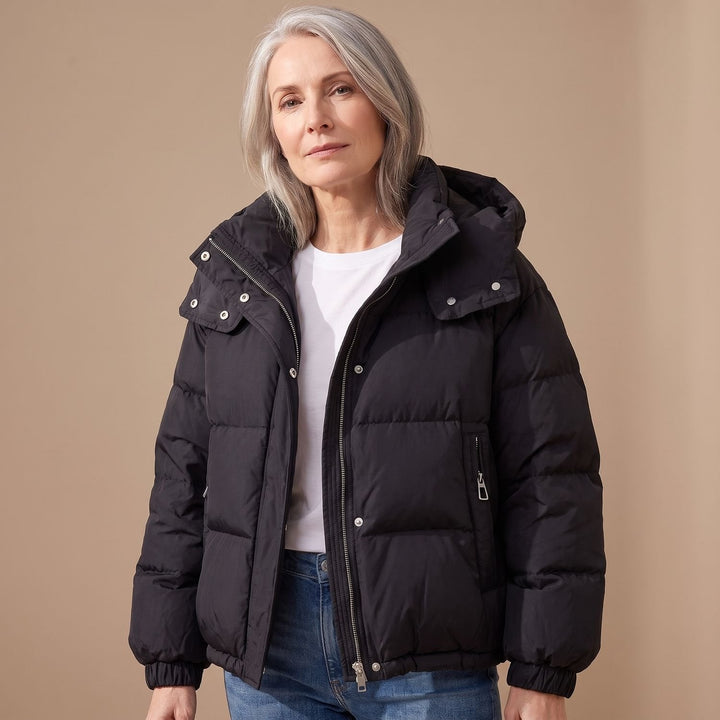 Close-up of Marisabel puffer jacket hood and collar detail