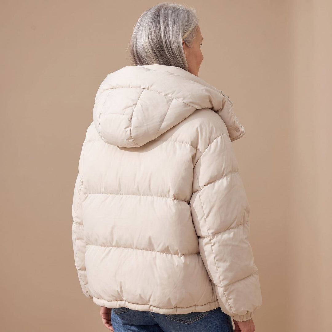 Marisabel quilted puffer jacket, back view with hood