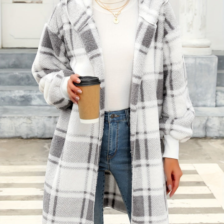 Rosalind hooded plaid long cardigan coat, close-up front view with side pocket detail