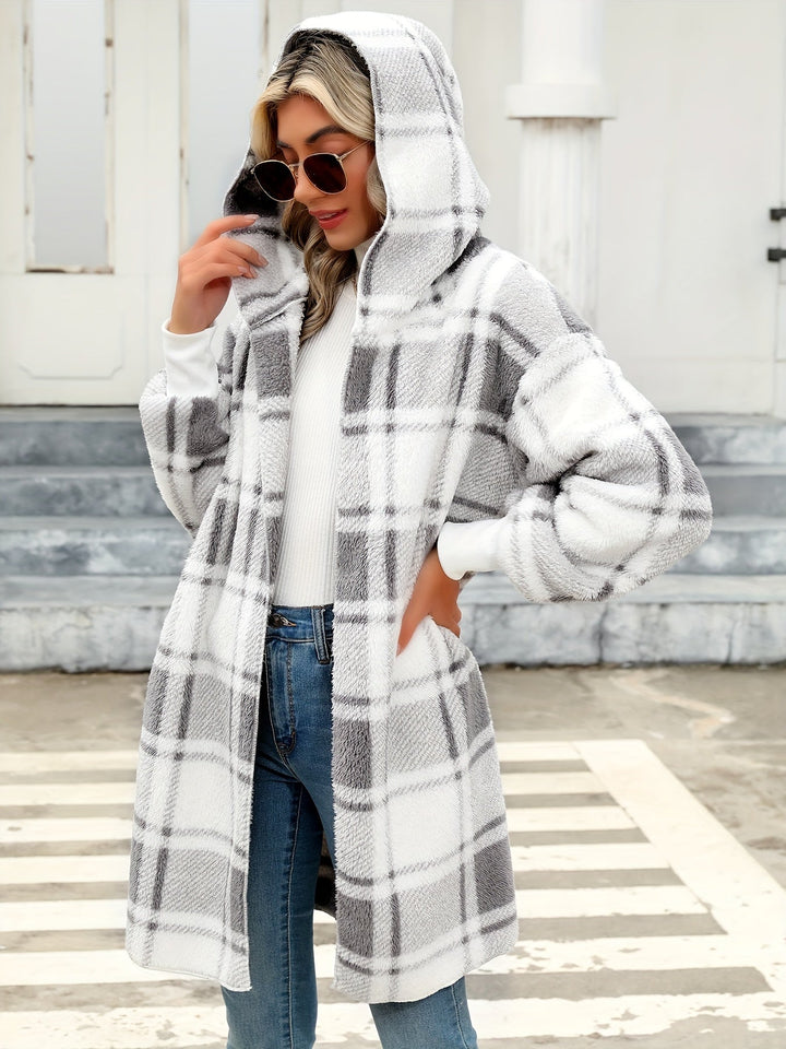 Rosalind hooded plaid long cardigan coat with hood up, close-up