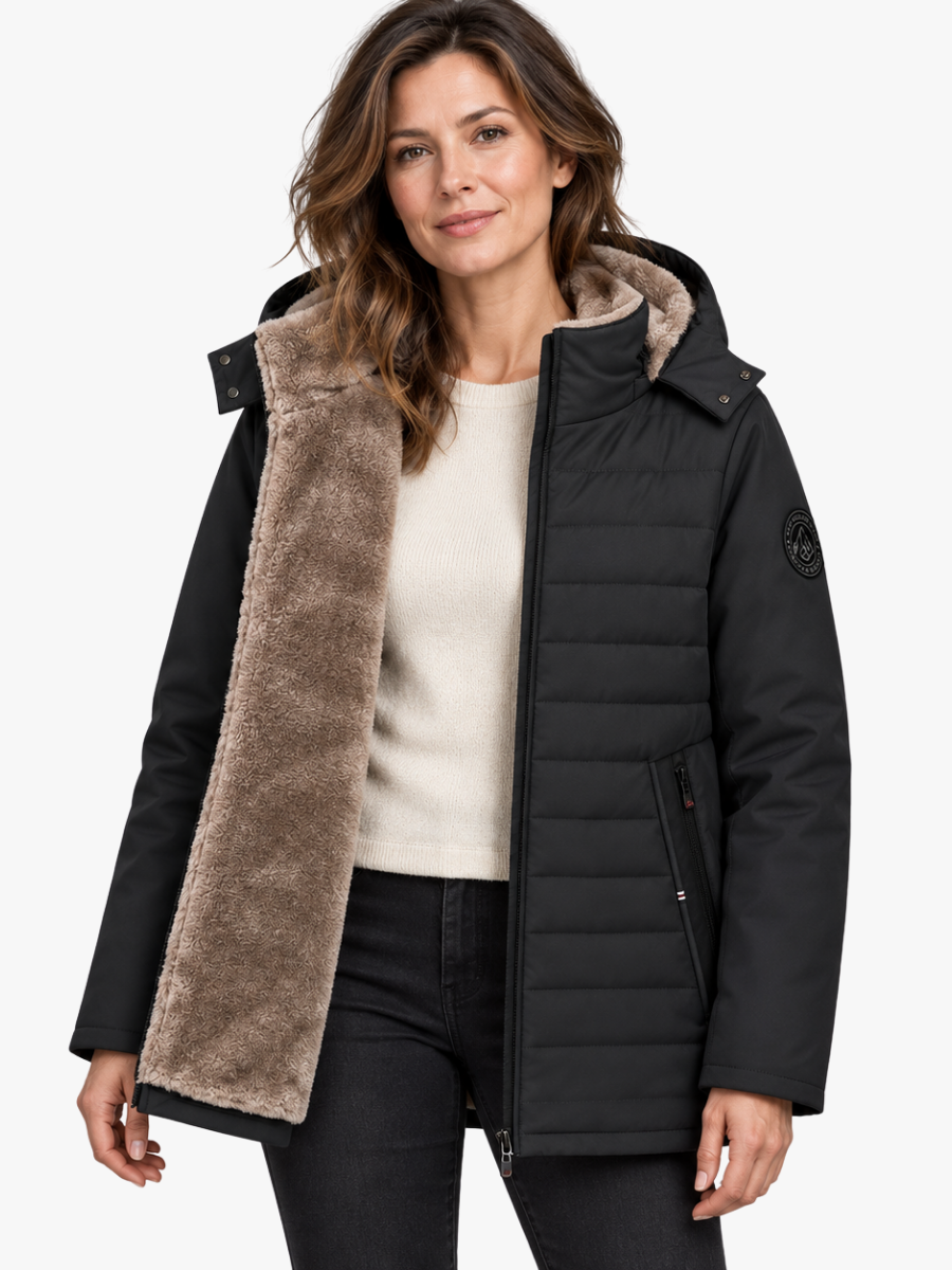 Perpetua hooded quilted jacket with fleece-lined interior, front view