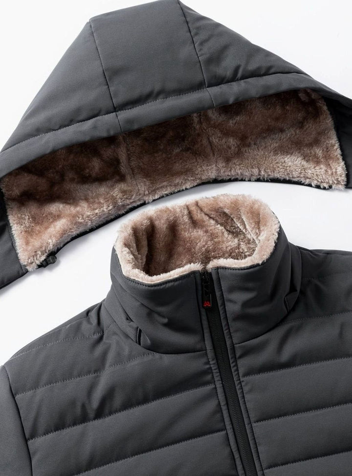 Close-up of Perpetua jacket hood, snap closures and fleece lining