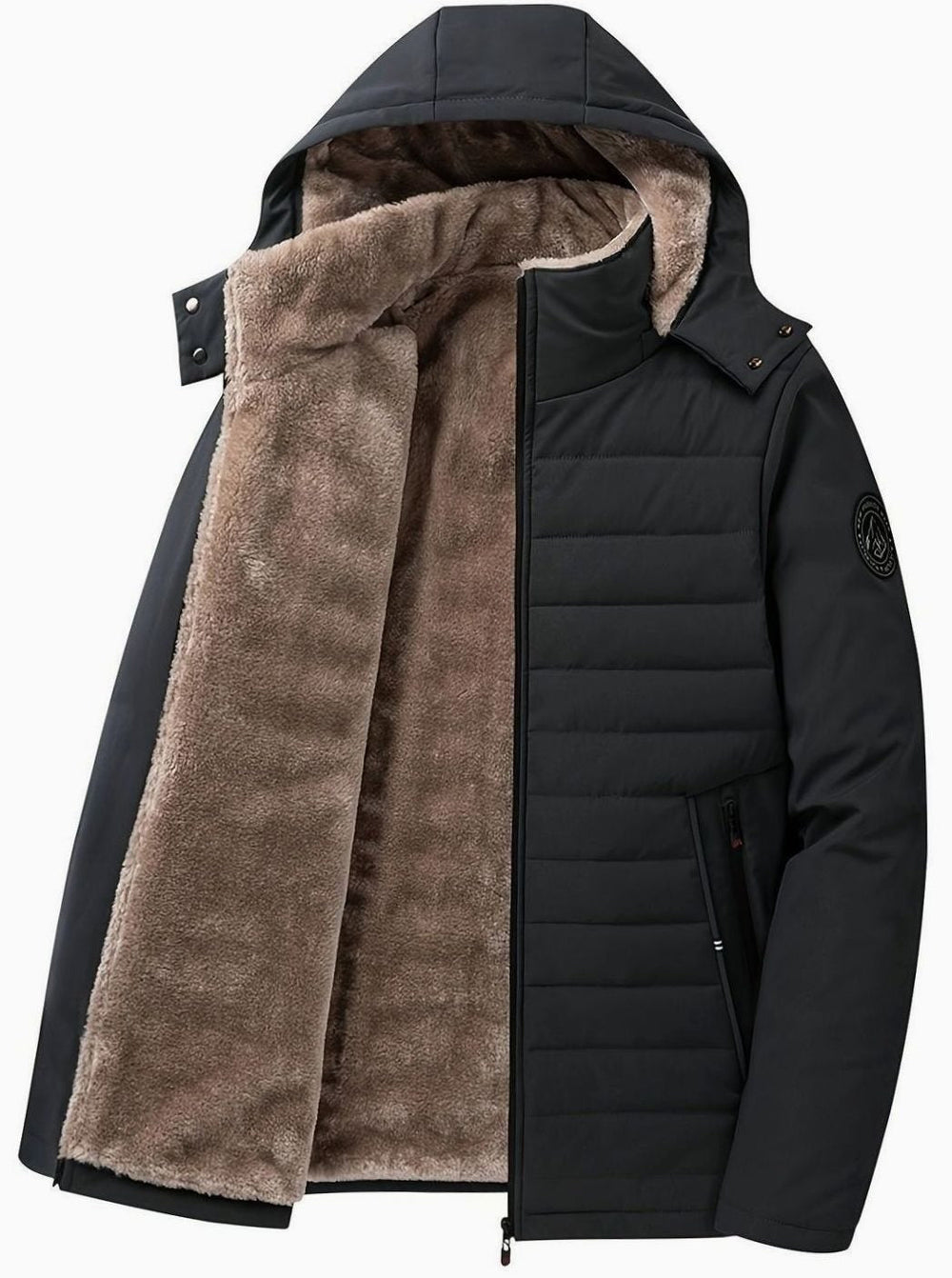 Perpetua jacket open front showing plush fleece lining and quilted panel