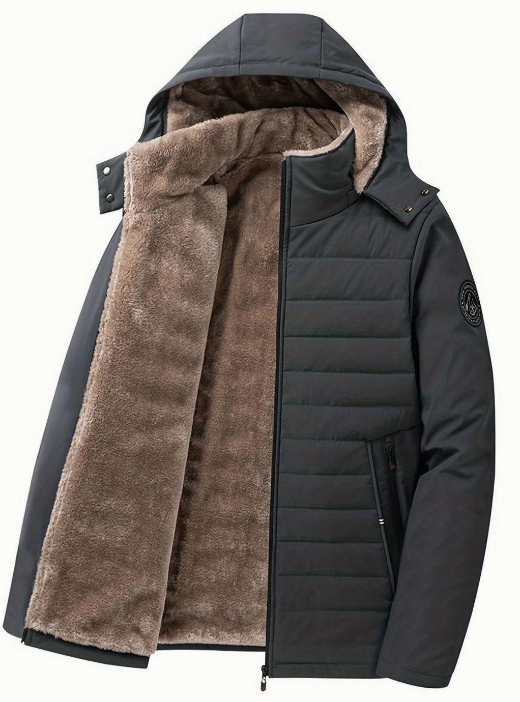 Perpetua jacket in dark grey with hood and fleece lining detail
