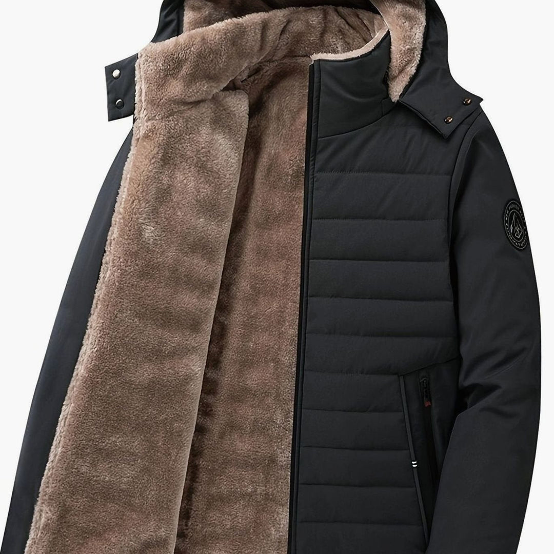 Close-up of Perpetua jacket hood, snap closures and fleece lining