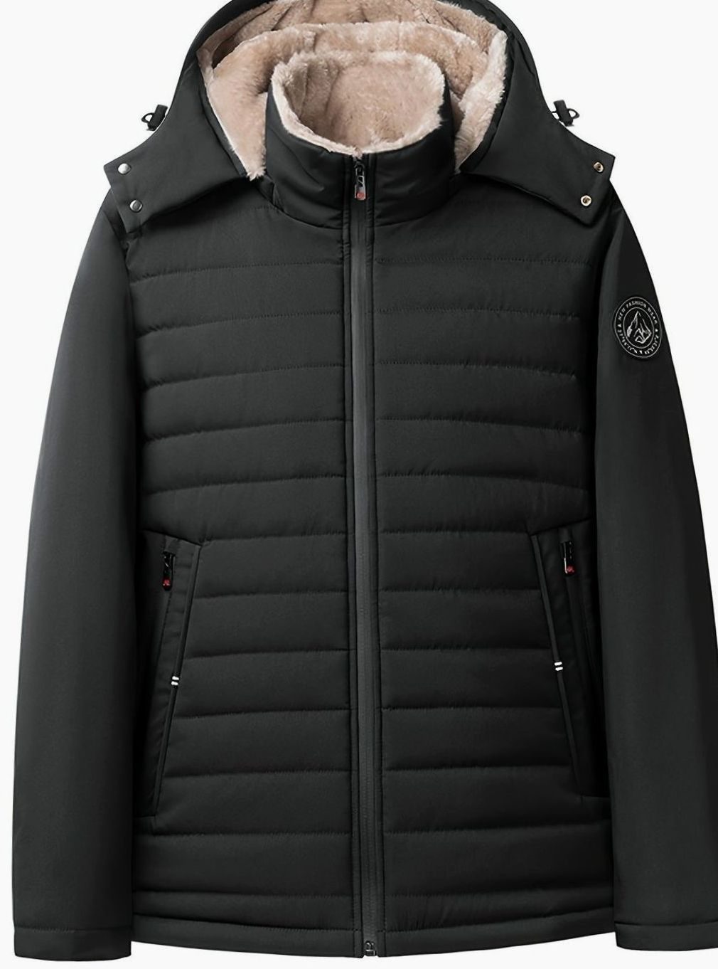 Close-up of Perpetua jacket hood, snap closures and fleece lining