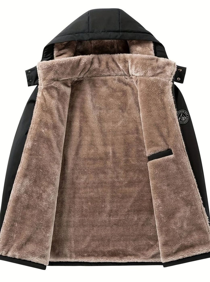 Close-up of Perpetua jacket hood, snap closures and fleece lining