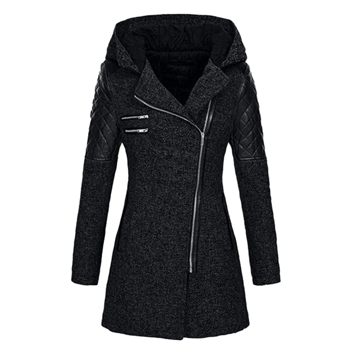 Imelda hooded quilted panel winter coat, front view with zipper detail