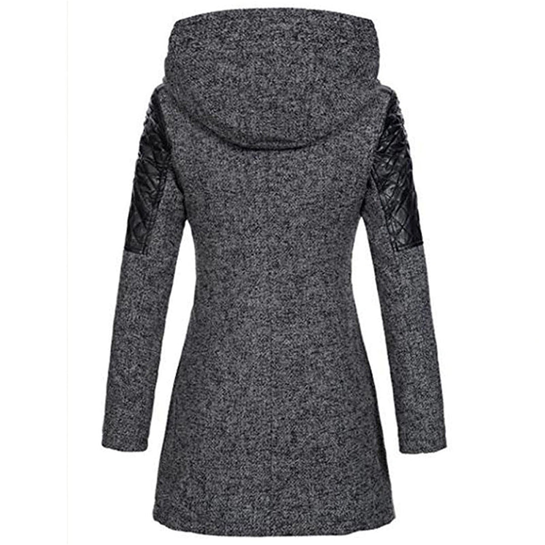 Imelda hooded winter coat, back view showing quilted sleeve panels