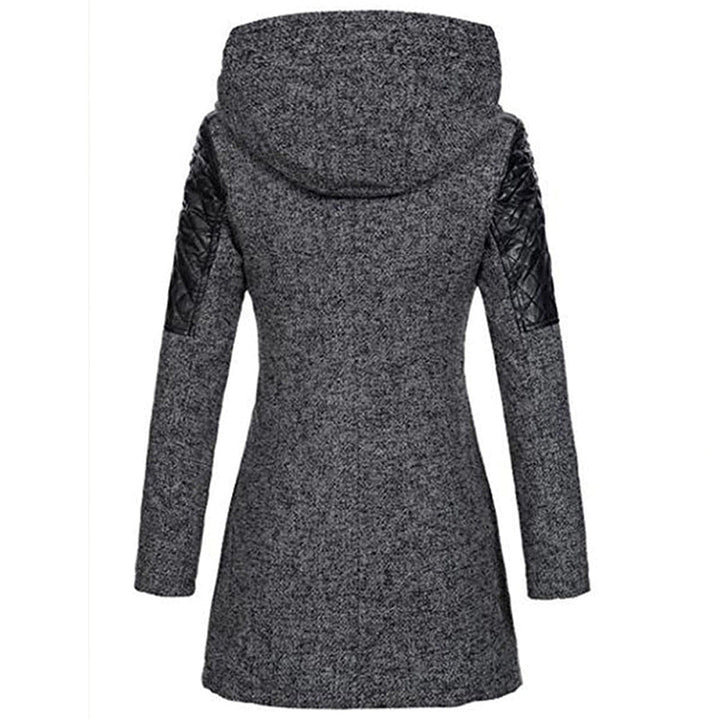 Imelda hooded winter coat, back view showing quilted sleeve panels