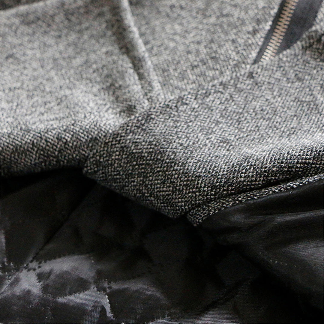 Imelda winter coat close-up of quilted sleeve panel and zipper pockets