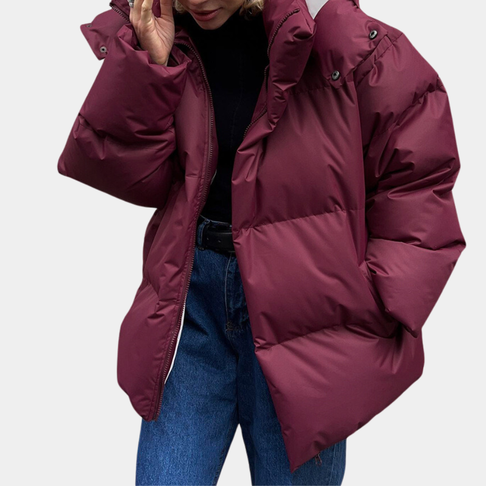 Marisol wine red hooded quilted puffer jacket, front view