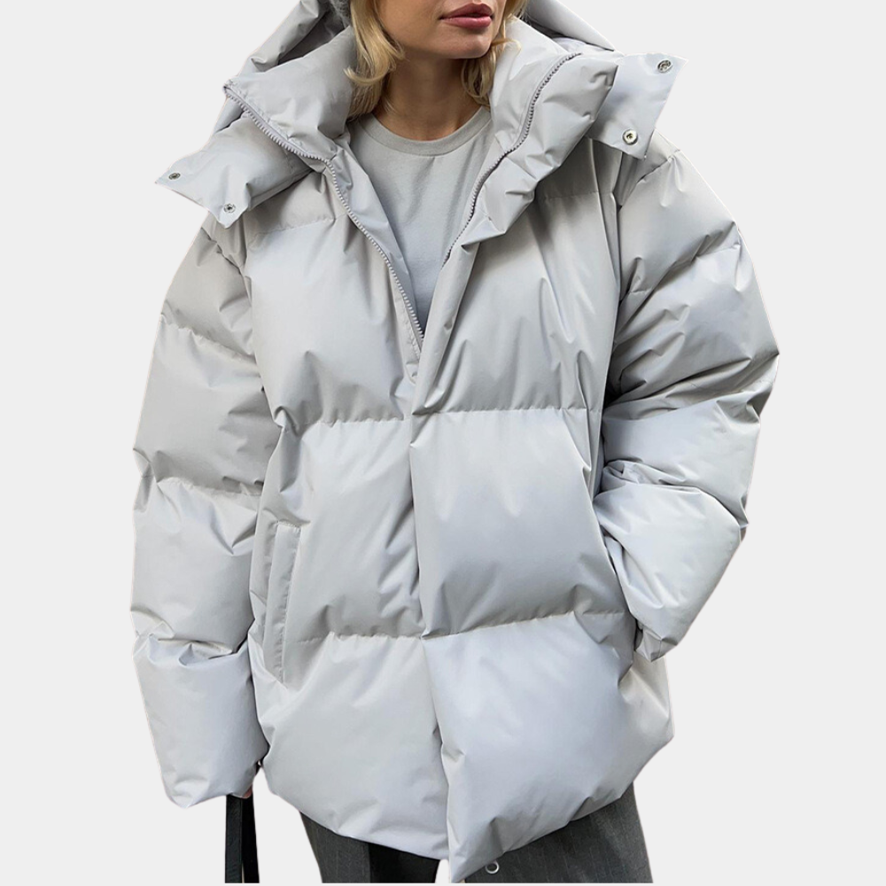 Marisol light grey hooded quilted puffer jacket, front view