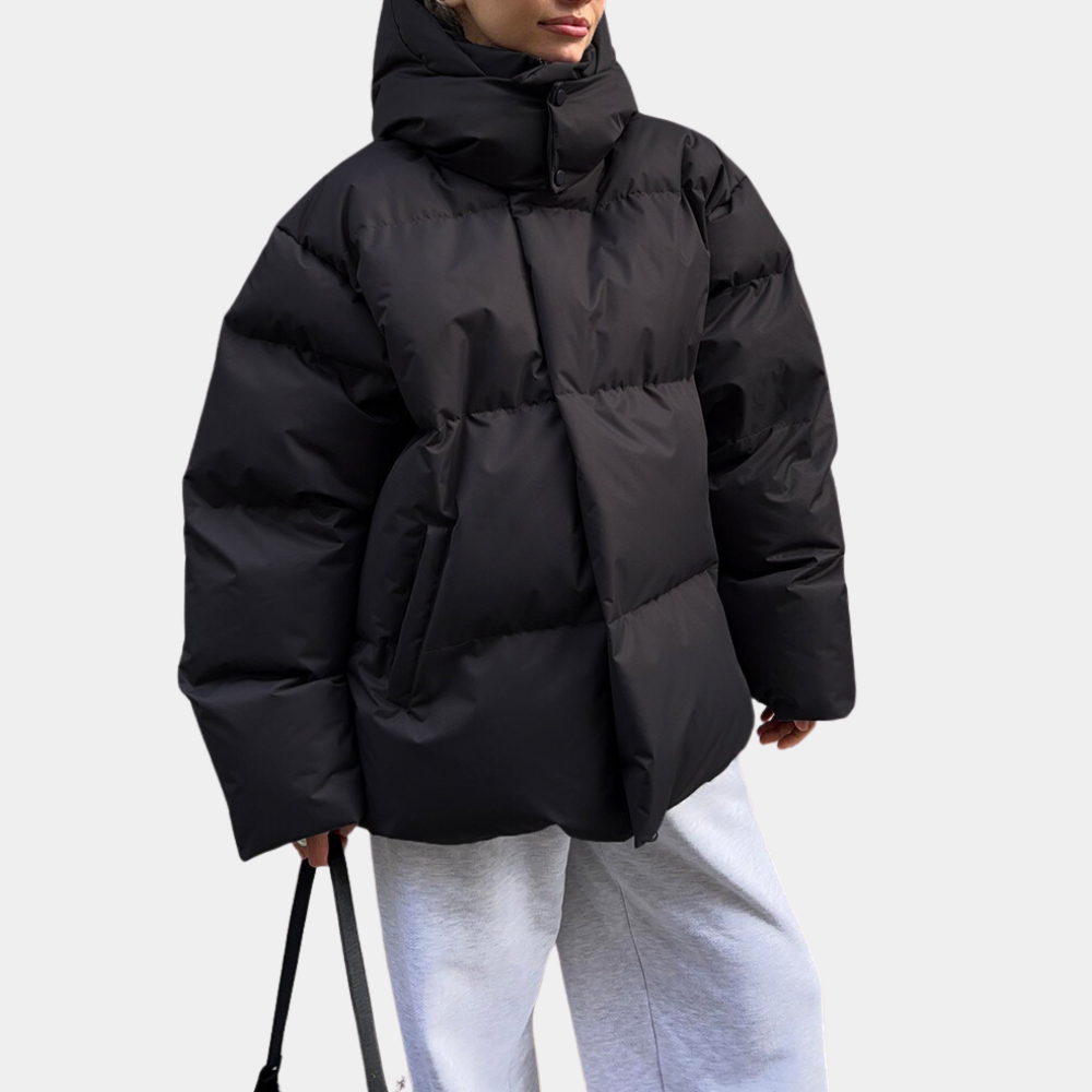 Marisol black hooded quilted puffer jacket, front view