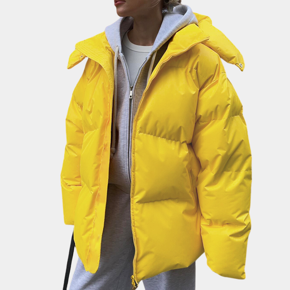 Marisol yellow hooded quilted puffer jacket, front view