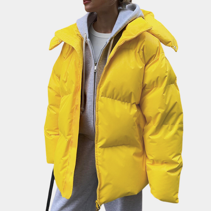Marisol yellow hooded quilted puffer jacket, front view