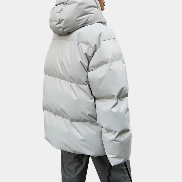 Marisol yellow hooded quilted puffer jacket, front view