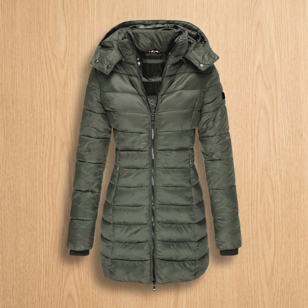 Odalys hooded quilted puffer jacket in olive green, front view