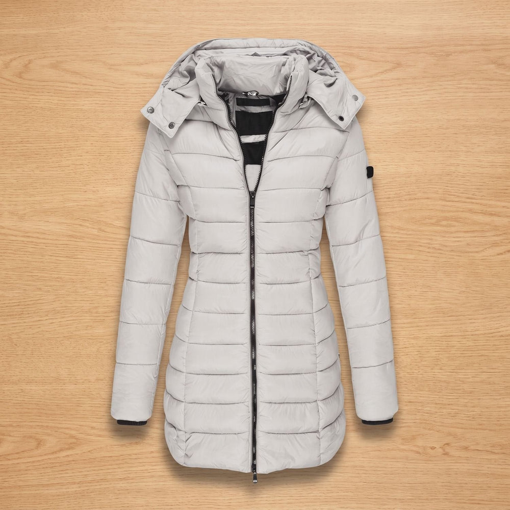 Odalys hooded quilted puffer jacket in light gray, front view