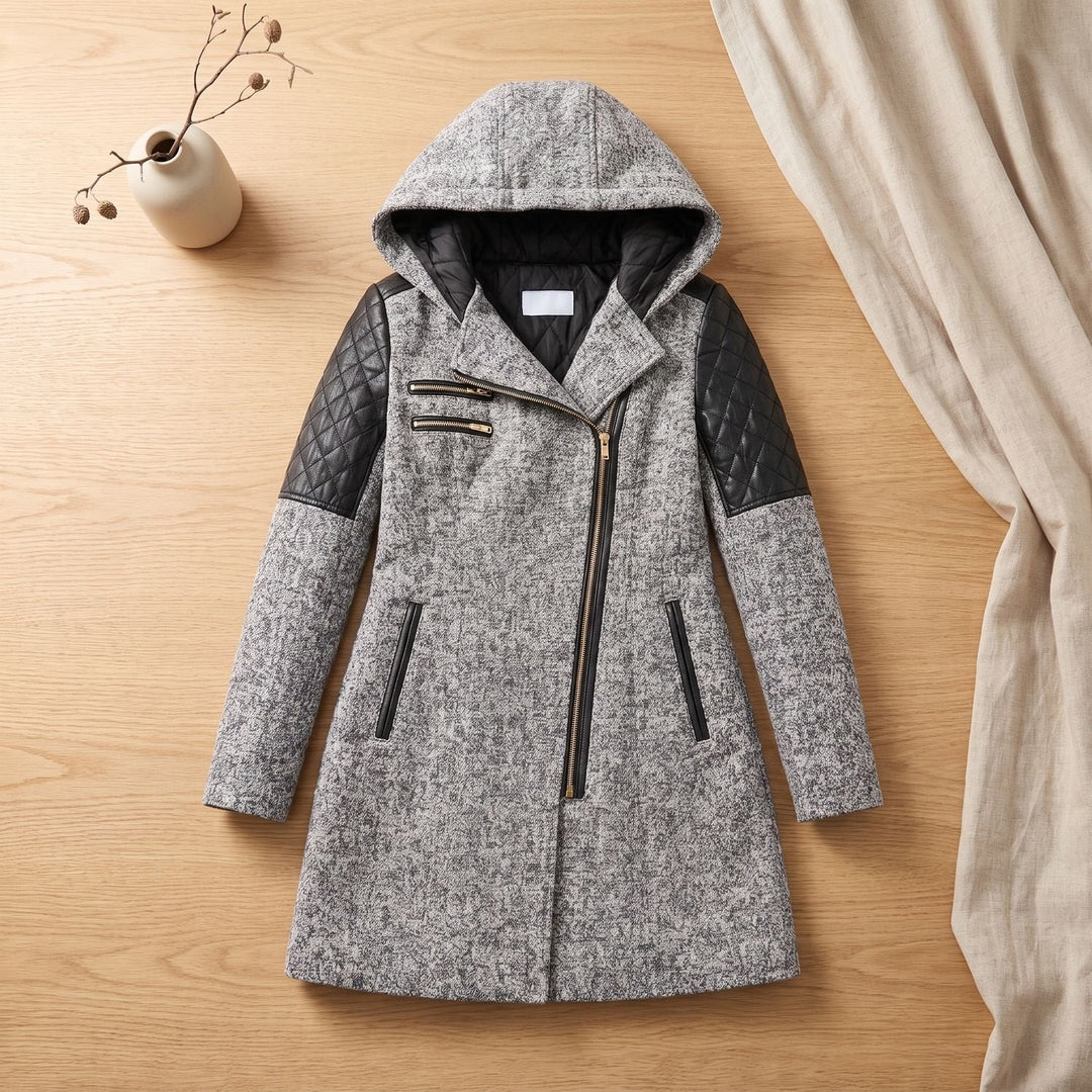 Delphine hooded long coat with quilted shoulder trim and asymmetric zip, front view