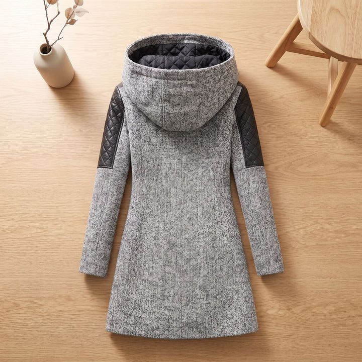 Delphine hooded long coat with quilted shoulder panels, back view
