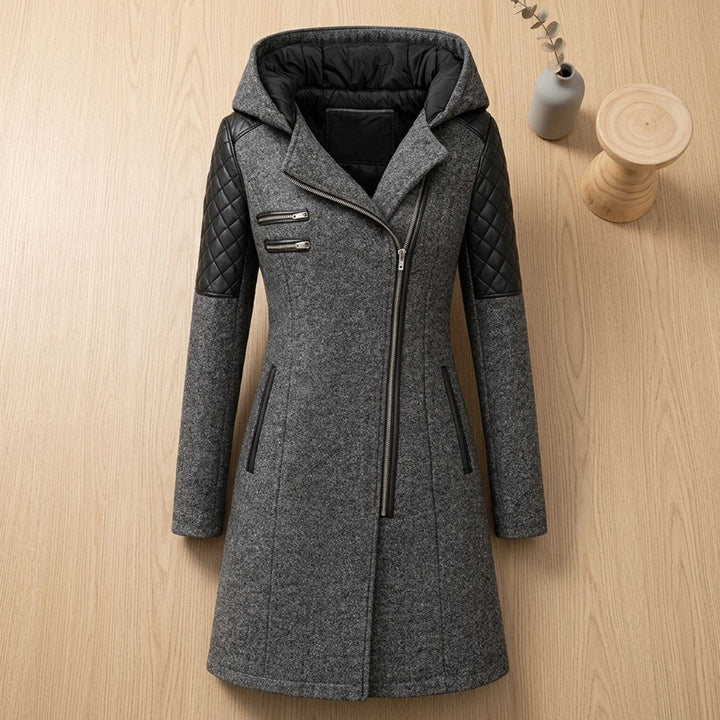 Delphine hooded long coat with zip pockets, front view on display