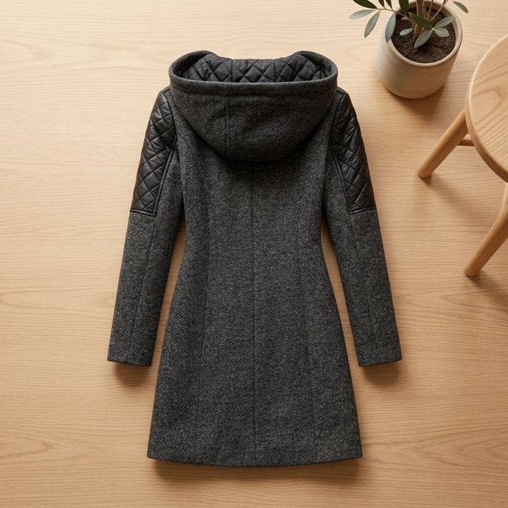 Delphine hooded long coat with quilted hood lining, back view