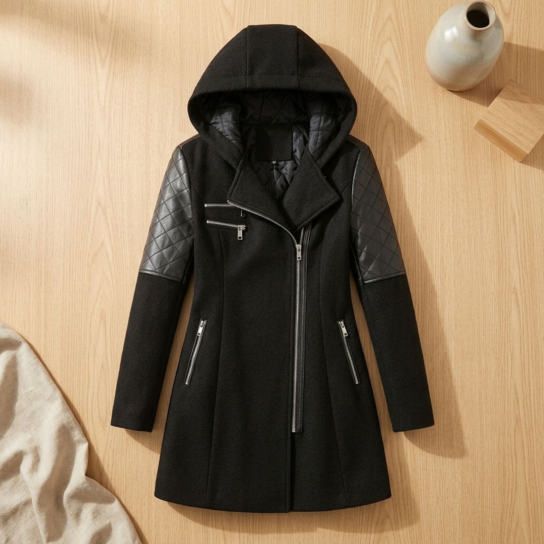 Delphine hooded long coat with quilted hood lining, back view