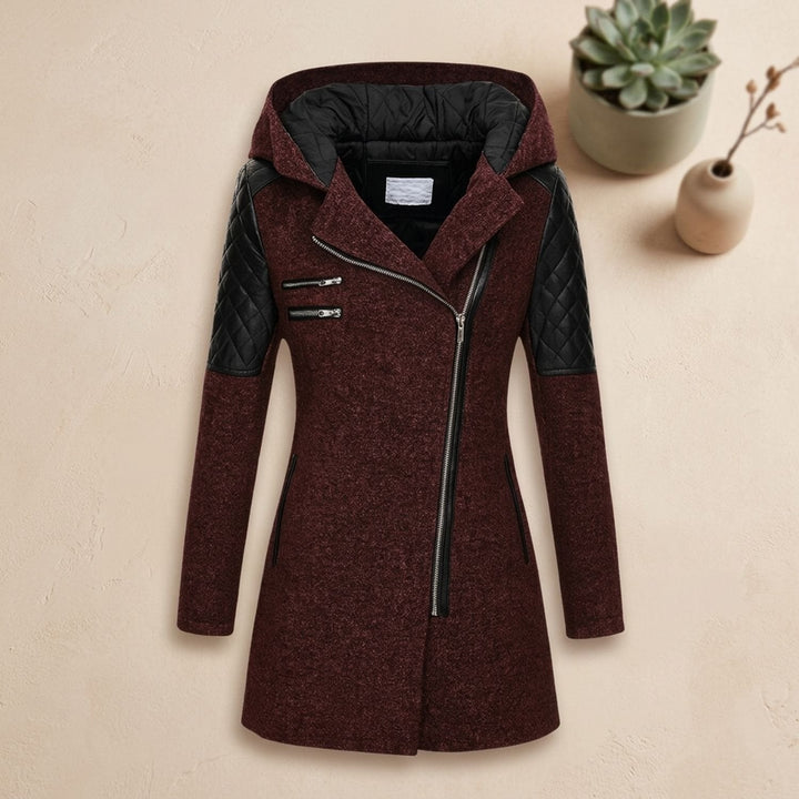 Delphine hooded long coat with quilted hood lining, back view