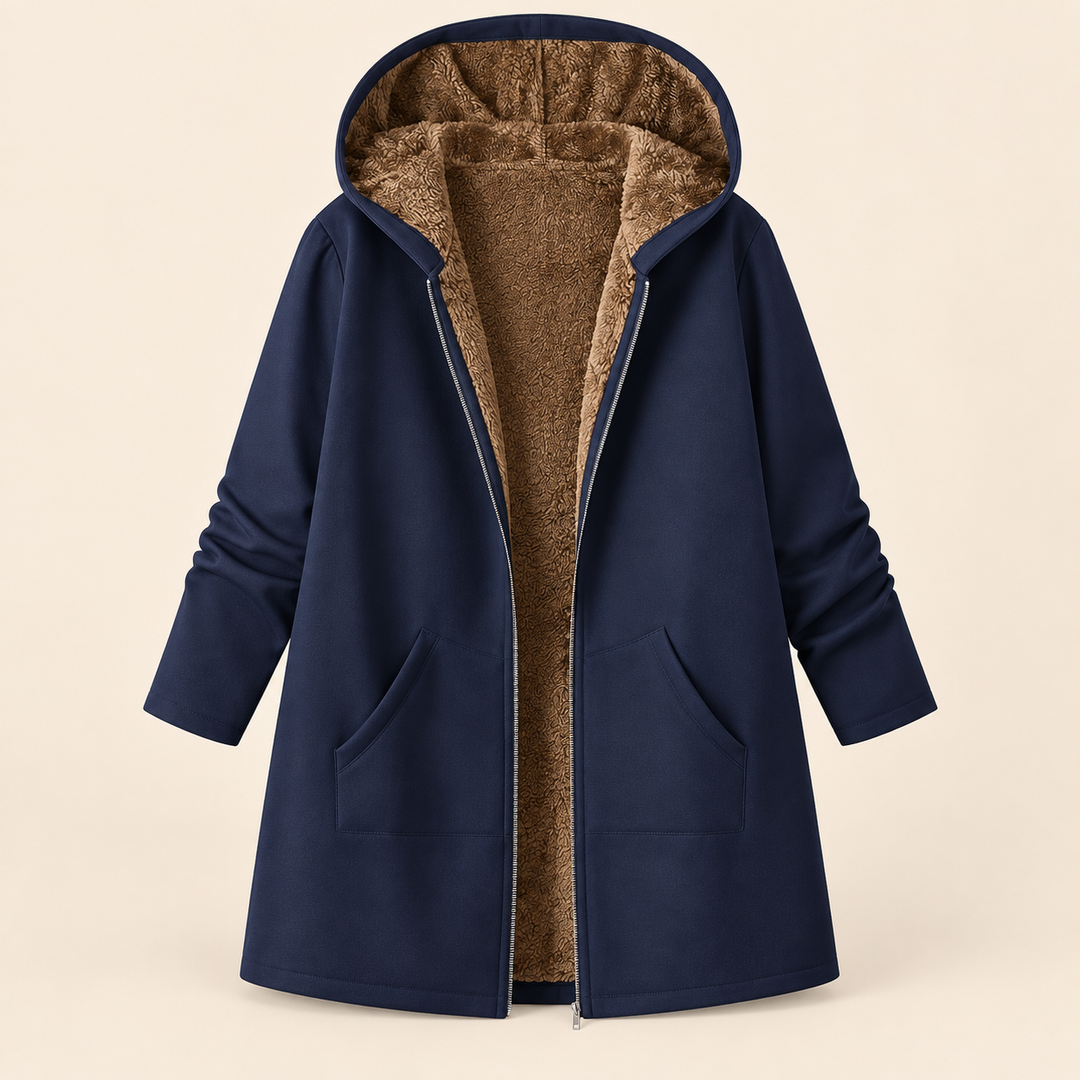 Wilhelmina navy hooded coat with cozy lining, front view open