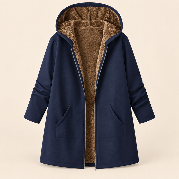 Wilhelmina navy hooded coat with cozy lining, front view open