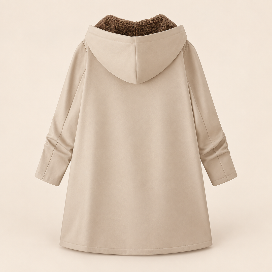 Wilhelmina black hooded coat with cozy lining, front view open