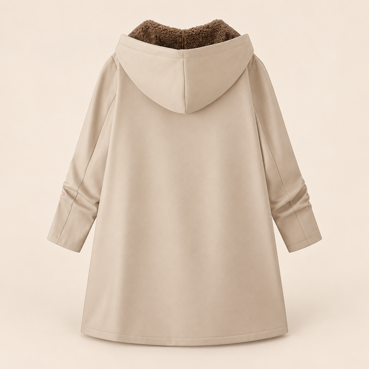 Wilhelmina black hooded coat with cozy lining, front view open