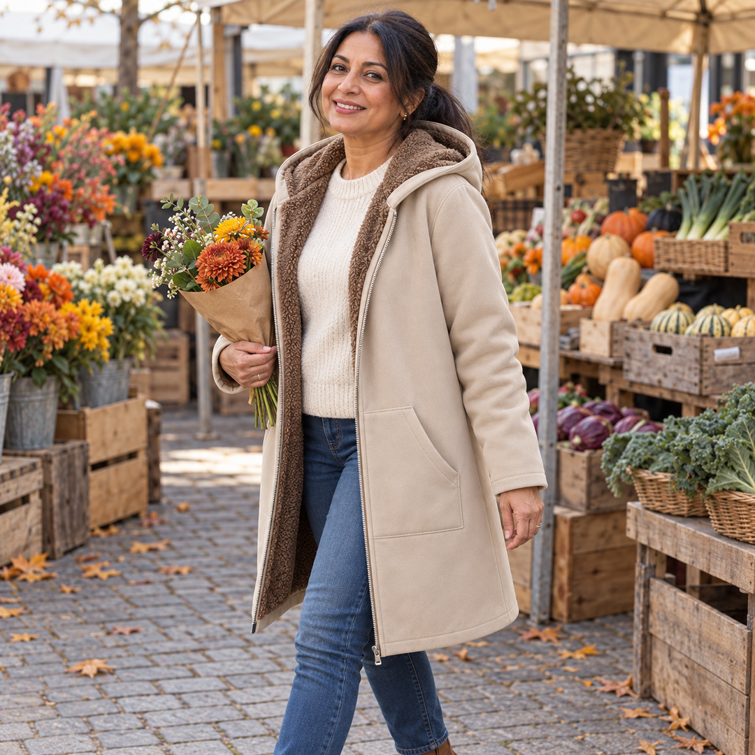 Wilhelmina black hooded coat with cozy lining, front view open