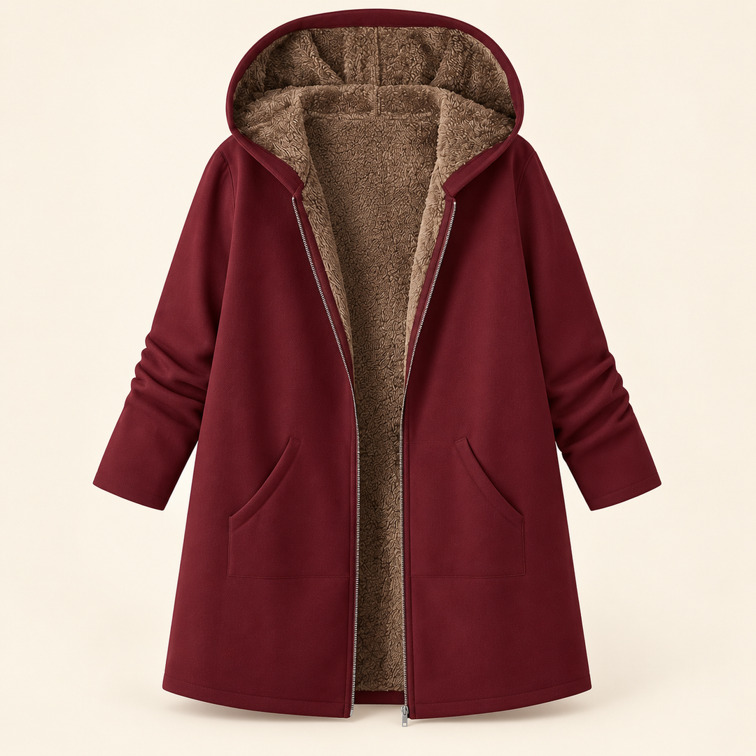 Wilhelmina black hooded coat with cozy lining, front view open