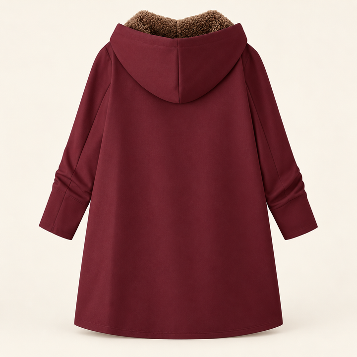 Wilhelmina black hooded coat with cozy lining, front view open