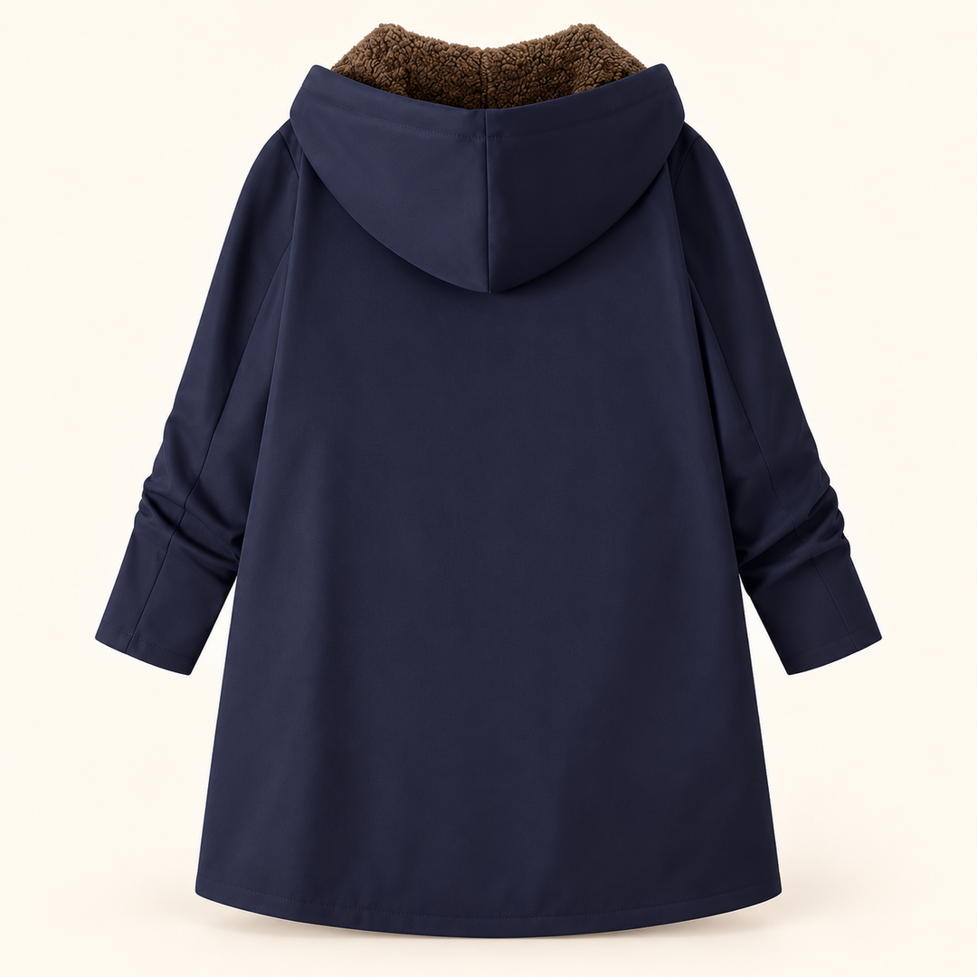 Wilhelmina navy hooded coat, back view