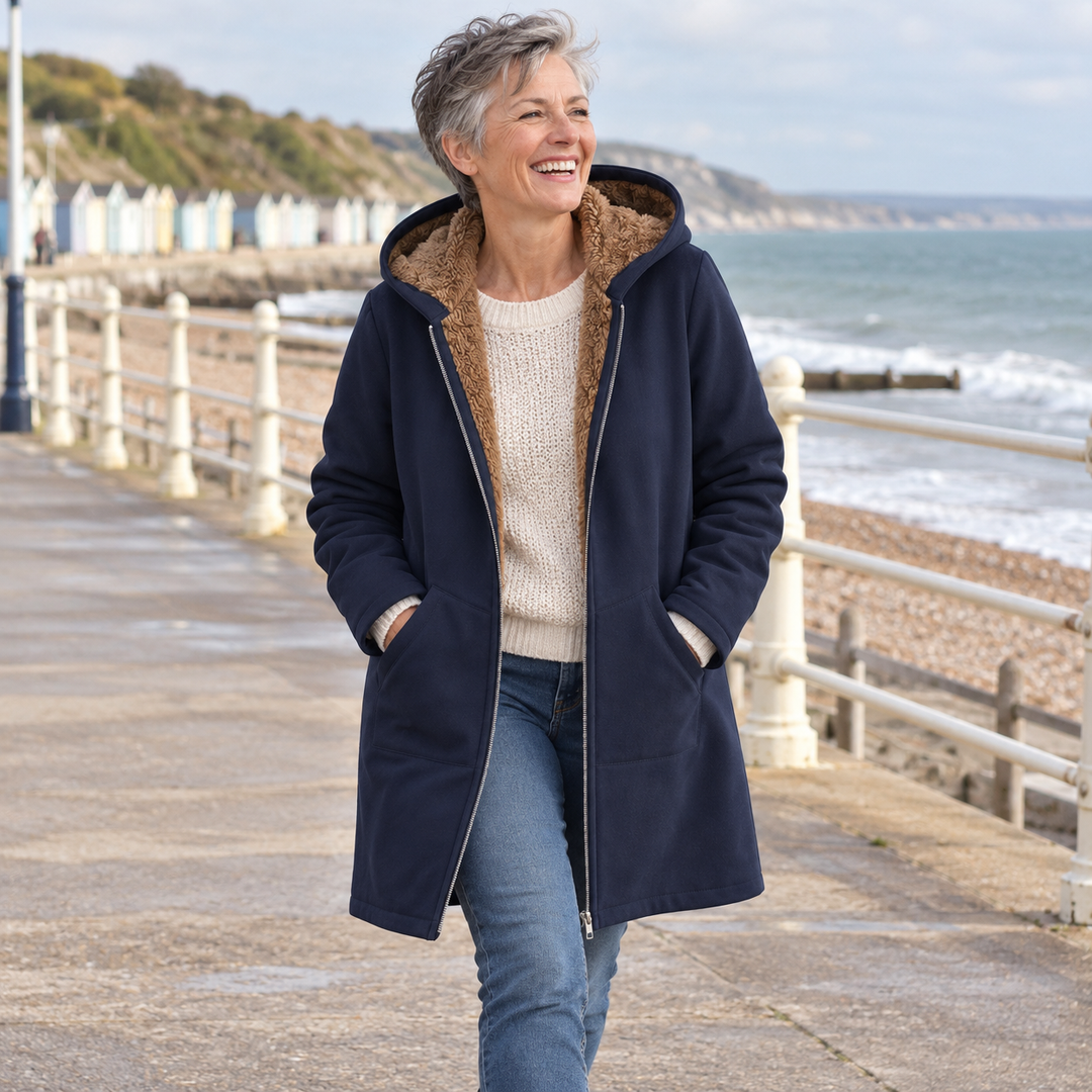 Woman wearing Wilhelmina navy hooded coat outdoors by the sea
